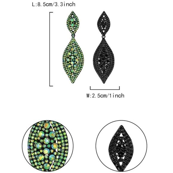 Carbon Black with Green AB Crystal Double Leaf Chandelier Post Back Earrings - Picture 6 of 6